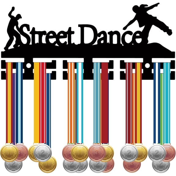 Street Dance Medal Wall Holder Acrylic Medal Hanger Wall Mounted Badge Ribbon Rack Display 2 Rows Sport Race Medal Wall Hanger Hook for Dance Enthusiasts Competition Winner 11.4x5.1in Metal Black