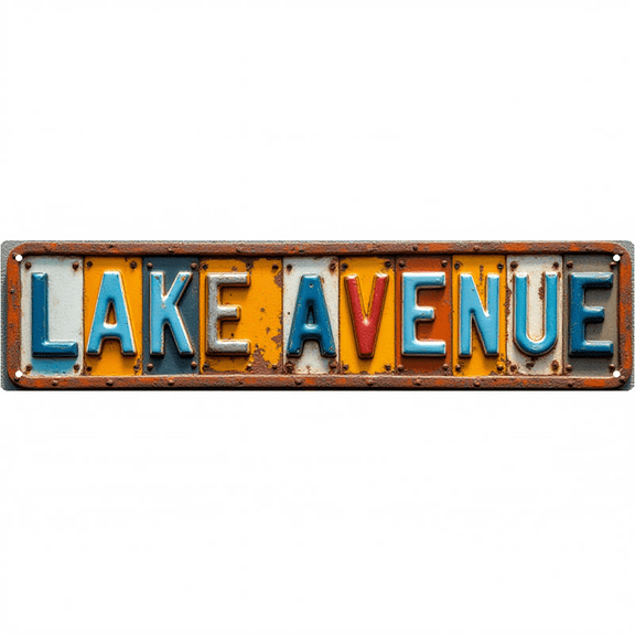 Street Decor 16*4 Inches "LAKE AVENUE" Garden Yard Patio Colorful Letter Plaque