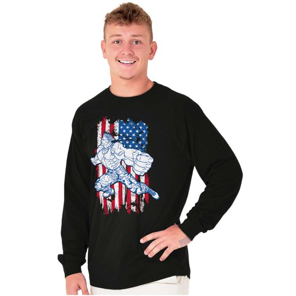 Street Fighter America Flag USA Guile Plus Size Long Sleeve Graphic Tee Shirt Brisco Brands 3X