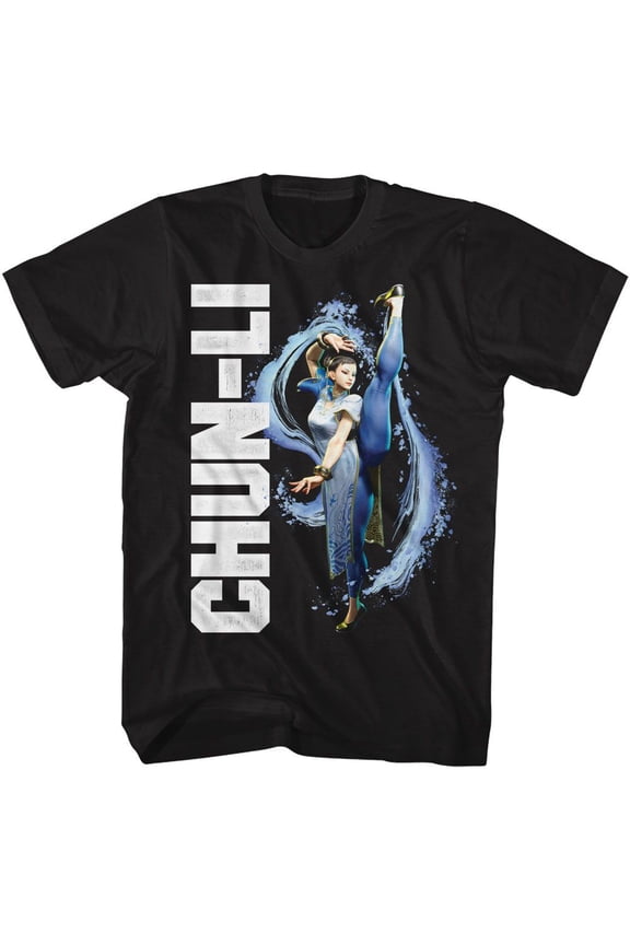Street Fighter Chun Li Splatter Kick Black Adult T-Shirt