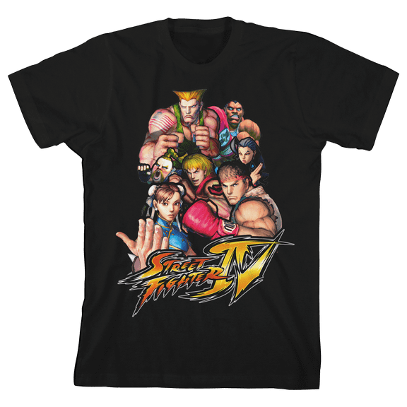 Street Fighter Classic Retro Group Crew Neck Short Sleeve Boy's Black T-shirt-Medium