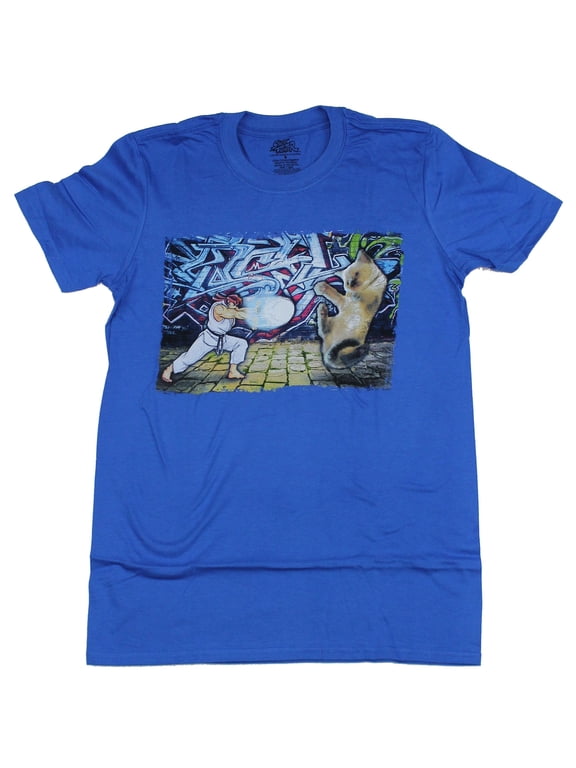 Street Fighter II Mens T-Shirt - Ryu Verses Kitten Battle (Large)