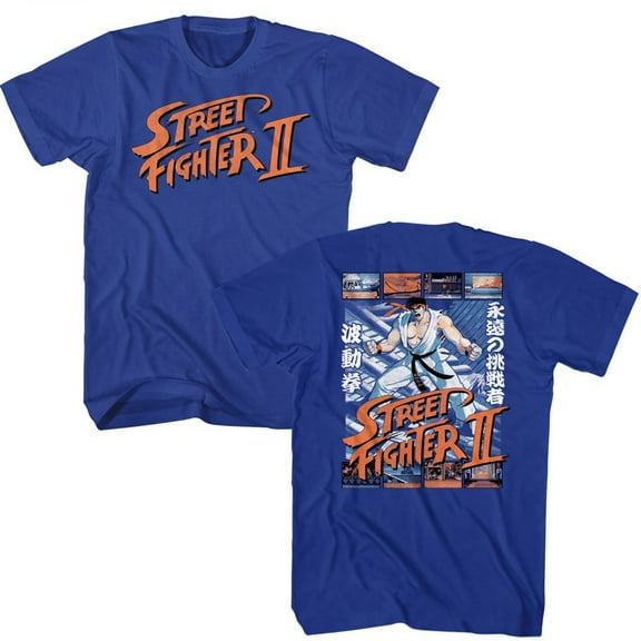 Street Fighter Ryu And Scenes Front And Back Royal Adult T-Shirt