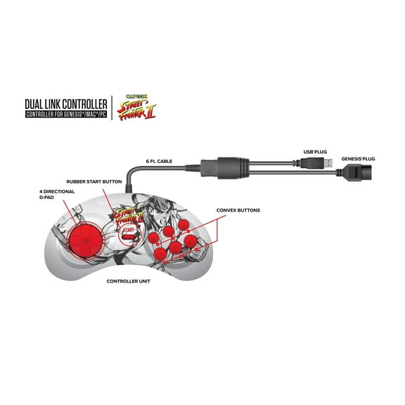 Street Fighter Ryu Genesis+USB Dual Link Controller (Genesis,Pc& Mac)[Retro-Bit]