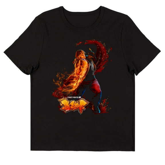 Street Fighter VI Ken Graffiti Name Crew Neck Short Sleeve Women's Black T-shirt-Large
