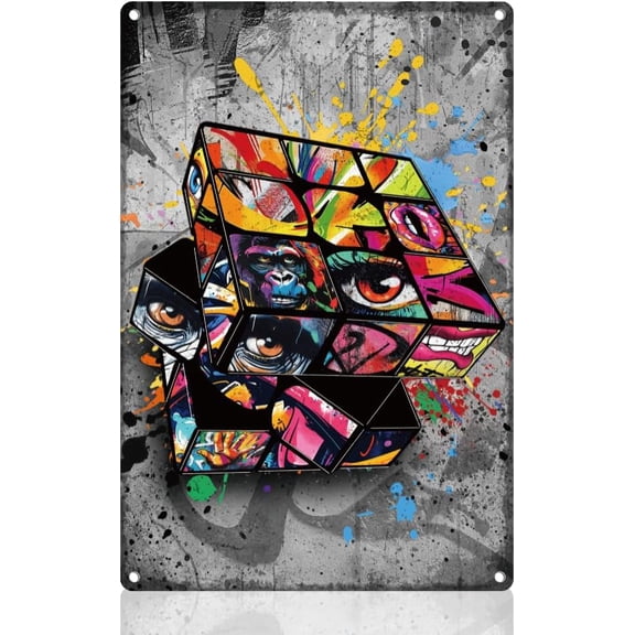 Street Graffiti Magic Cube Retro Wall Decor Metal Tin Sign 8" x 12" Banksy Magic Cube Vintage Abstract Wall Art Poster for Home Coffee Cafes Bathroom Man Cave Office Clubs Decor Gift