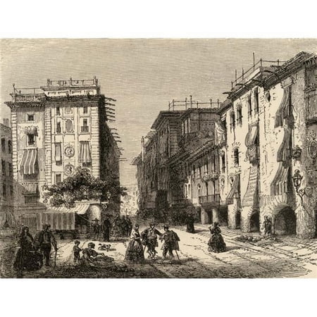 Street In Barcelona Spain From The Book Spanish Pictures by The Rev Samuel Manning Published 1870 Print 16 x 12