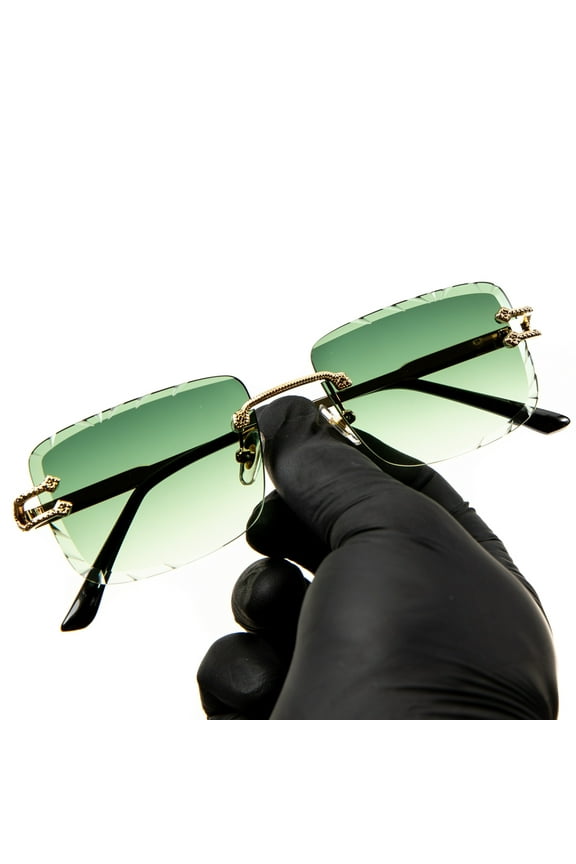 Rimless Square Sunglasses, Green Tint, Unisex