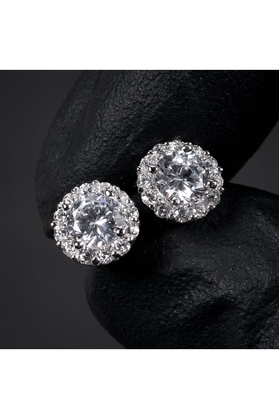 White Gold Plated 925 Sterling Silver Screw Back Post Womens Mens Iced CZ Round Flower Cluster Halo Circle Hip Hop Cubic Zirconia Stud Earrings