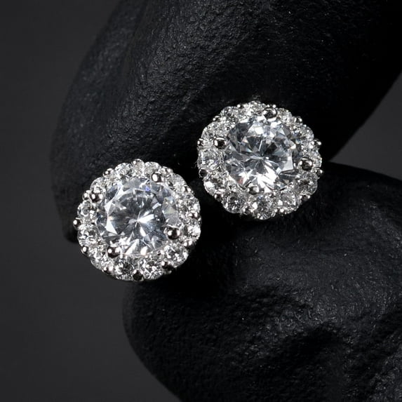 White Gold Plated 925 Sterling Silver Screw Back Post Women’s Men’s Iced CZ Round Flower Cluster Halo Circle Hip Hop Cubic Zirconia Stud Earrings