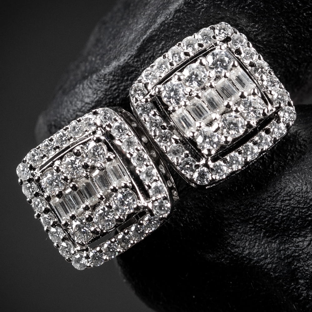 Square White Gold Plated 925 Sterling Silver Screw Back Post Cz Stone Large Iced Hip Hop Micro Pave Iced Baguette Stud  Earrings