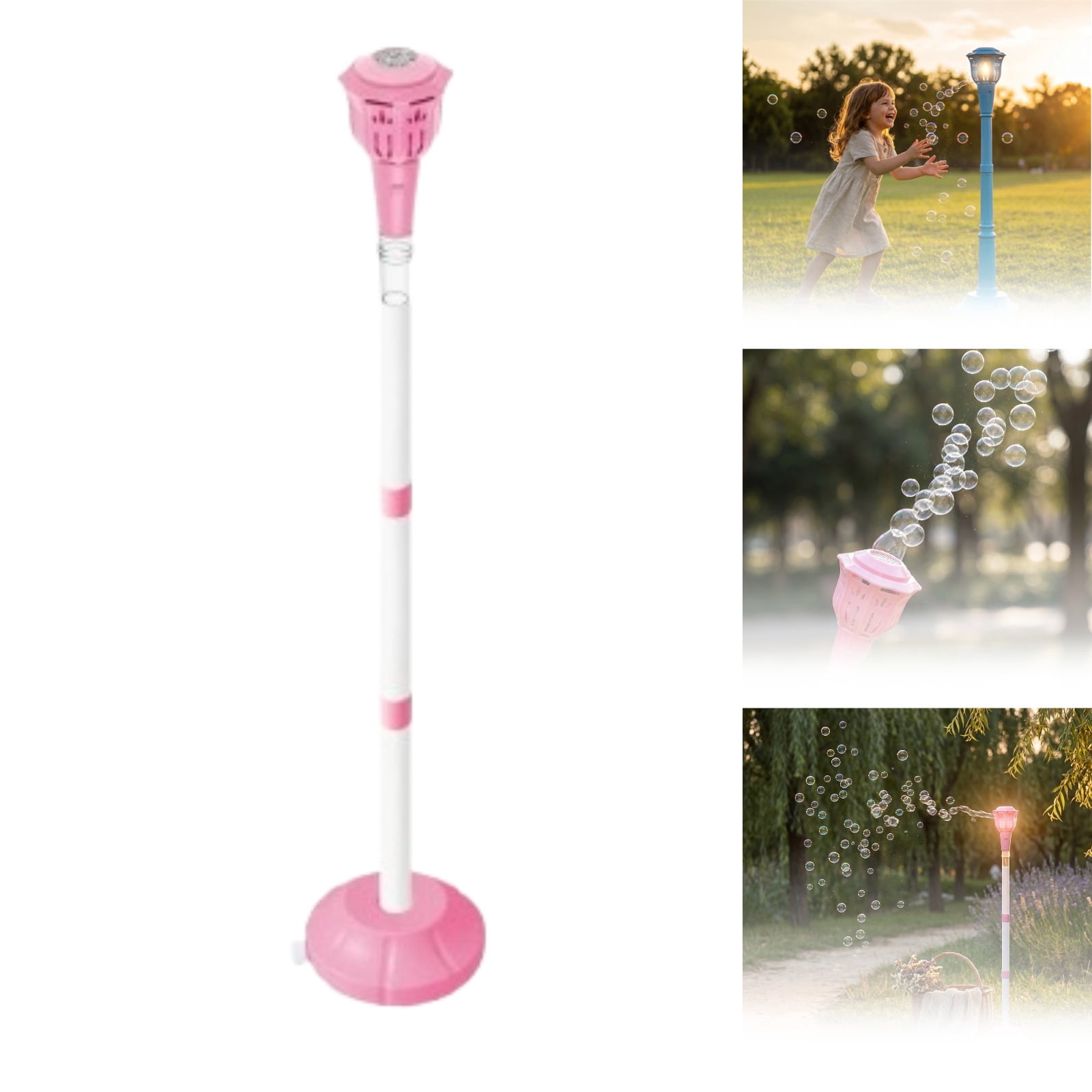 Street Lamp Bubble Machine, Bubble Maker with Music & Lights, Rechargeable Adjustable Height Blower for Backyard Summer Birthday Parties Pink