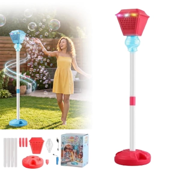 Street Lamp Bubble Machine, Bubble Maker with Music & Lights, Rechargeable Adjustable Height Blower for Backyard Summer Birthday Parties Red
