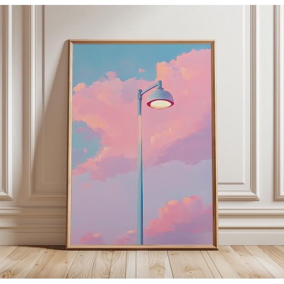 Street Lamp Sky Minimal Urban Illustration Pastel Cloud Wall Art Unframed Paper Print
