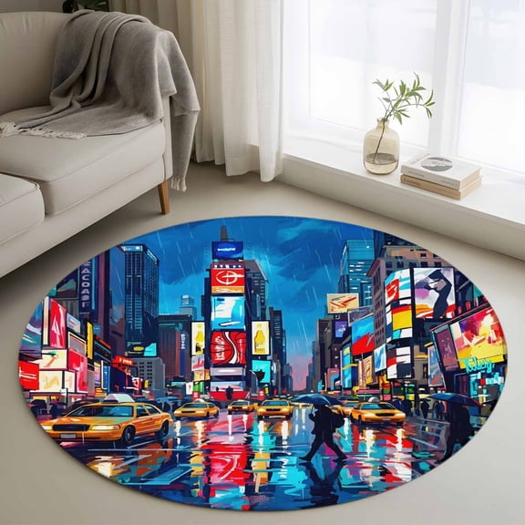 Street Landscape 3FT Round Area Rug Modern Neon Building Taxi Traffic Lights Soft Small Round Rugs Non-Slip, Ultra-Thin Washable Rug Low Pile Circle Carpet for Bedroom Kitchen Nursery