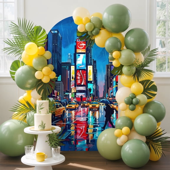 Street Landscape Arch Backdrop Cover, 4FT, Modern Neon Building Taxi Traffic Lights Spandex Arch Covers Double-Sided Backdrop for Wedding Birthday Party Photo Background Decoration