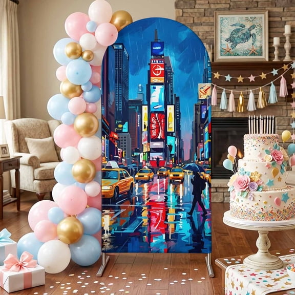 Street Landscape Arch Backdrop Covers 4 FT, Modern Neon Building Taxi Traffic Lights Stretchy Fitted Arched Stand Covers Party Arch Stand Cover Photo Booth for Wedding Birthday Decor