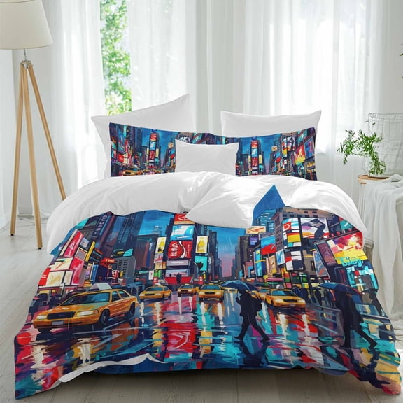 Street Landscape Comforter Set Twin Size, Modern Neon Building Taxi Traffic Lights Soft Bedding Set for Man Woman, 4 Pieces Duvet Cover Set with Fitted Sheet, 2 Pillowcases