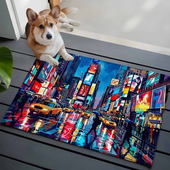 Street Landscape Small Area Rugs 2x3 Modern Neon Building Taxi Traffic Lights Entryway Rugs Washable Door Mat, Low-Profile Area Rugs Non Slip Floor Carpet for Living Room Bedroom Home Office