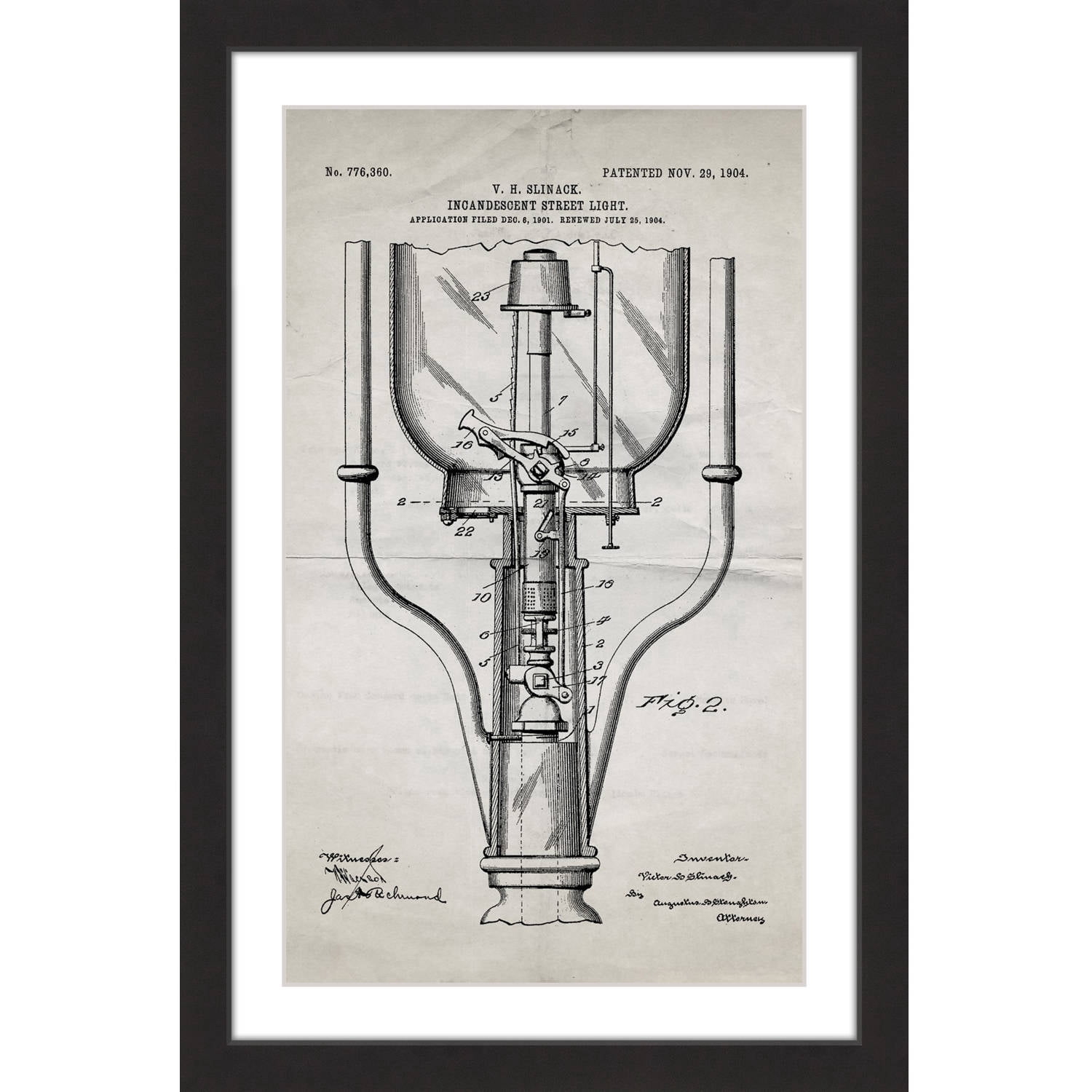"Street Light 1904 Old Paper" Framed Painting Print