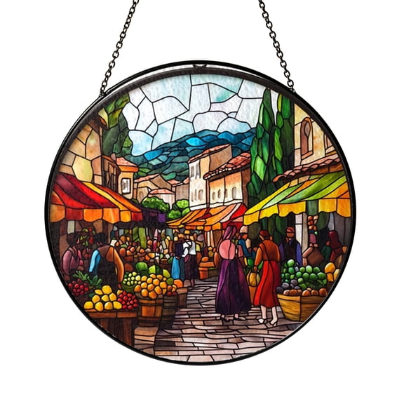 Street Market Stained Glass Suncatcher Window Decor, Colorful Fruit Stalls Art Glass Window Hanging Ornament, Vibrant Bazaar Decorative Glass Panel for Travel Home Decor Gift