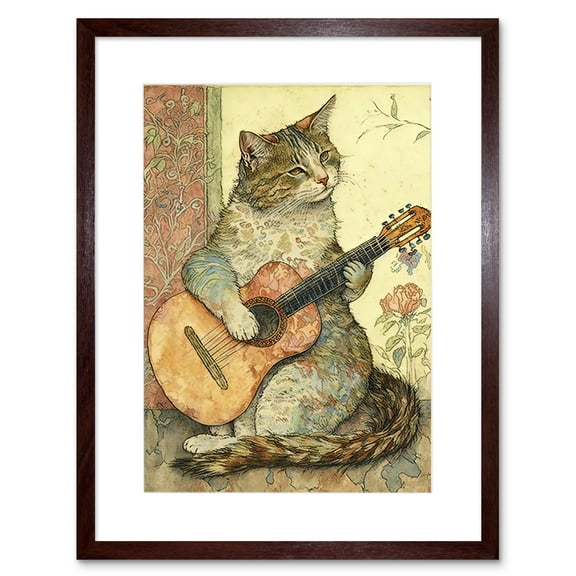 Street Musician Cat with Guitar by Flower Pattern Mural Pastel Watercolour Illustration Artwork Framed Wall Art Print 9X7 Inch
