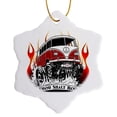 thumbnail image 1 of 3drose, Street Racer Popping a Wheelie, Blowing Smoke and Flames, 3 inch Snowflake Porcelain Ornament, 1 of 7
