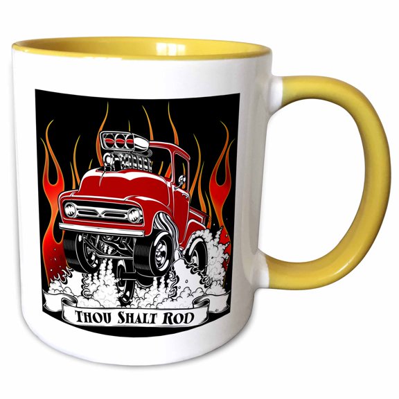 3drose, Street Rod Popping Wheelies and Jumping Through Flames, 11oz Two-tone Yellow Mug