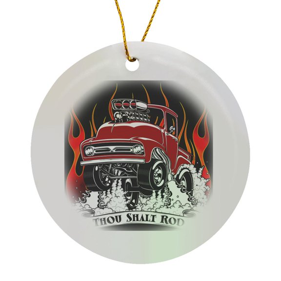 3drose, Street Rod Popping Wheelies and Jumping Through Flames, Circle Porcelain Ornament