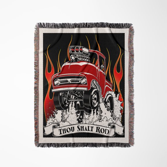 Street Rod Popping Wheelies And Jumping Through Flames, Woven Blanket