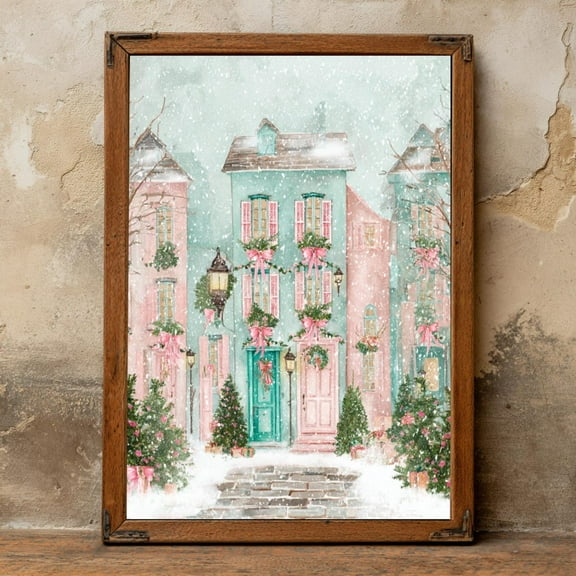 Street Scene Wall Art Print, Pastel Houses, Whimsical Winter Wonderland Decor Poster Decor, Stretched Canvas Size 8x12 F03.1.22l962
