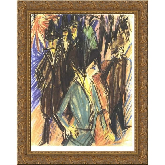 Street Scene with Green Cocotte 24x20 Gold Ornate Wood Framed Canvas Art by Ernst Ludwig Kirchner