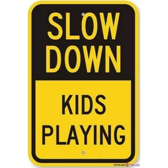 Street Sign Warning Plaque Slow Down Kids Playing, Heavy-Duty Metal Tin Sign Wall Art Decor Safety Warning Signs for Outdoor & Indoor Office Sign 8 X 12 Inch