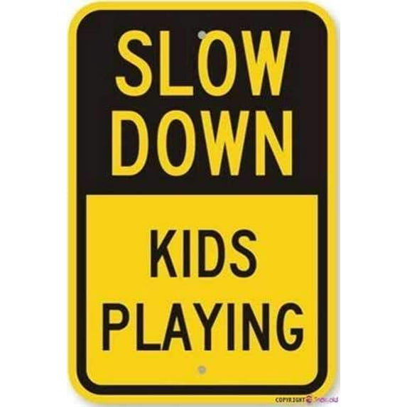 Street Sign Warning Plaque Slow Down Kids Playing, Heavy-Duty Metal Tin Sign Wall Art Decor Safety Warning Signs for Outdoor & Indoor Office Sign 8 X 12 Inch