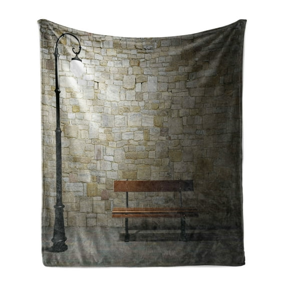 Street Soft Flannel Fleece Blanket, Modern Avenue at Dark Night with a Open Lamp and Bench and Stone Wall Behind Image, Cozy Plush for Indoor and Outdoor Use, 60" x 80", Multicolor, by Ambesonne