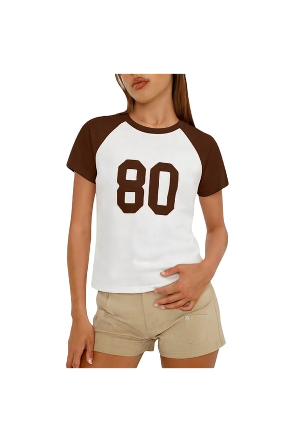 Street Style Digital Print Cropped Tee For Women Casual Round Neck Versatile Summer TopBrownS