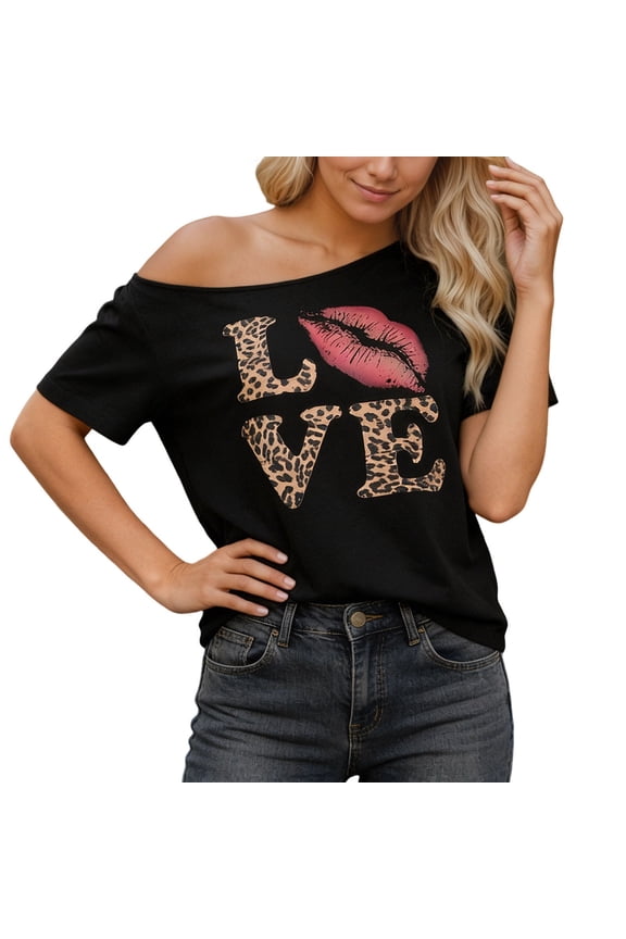 Street Style Graphic Print Oversized T Shirt Off Shoulder Casual Loose Fit Top for Summer A-Black S