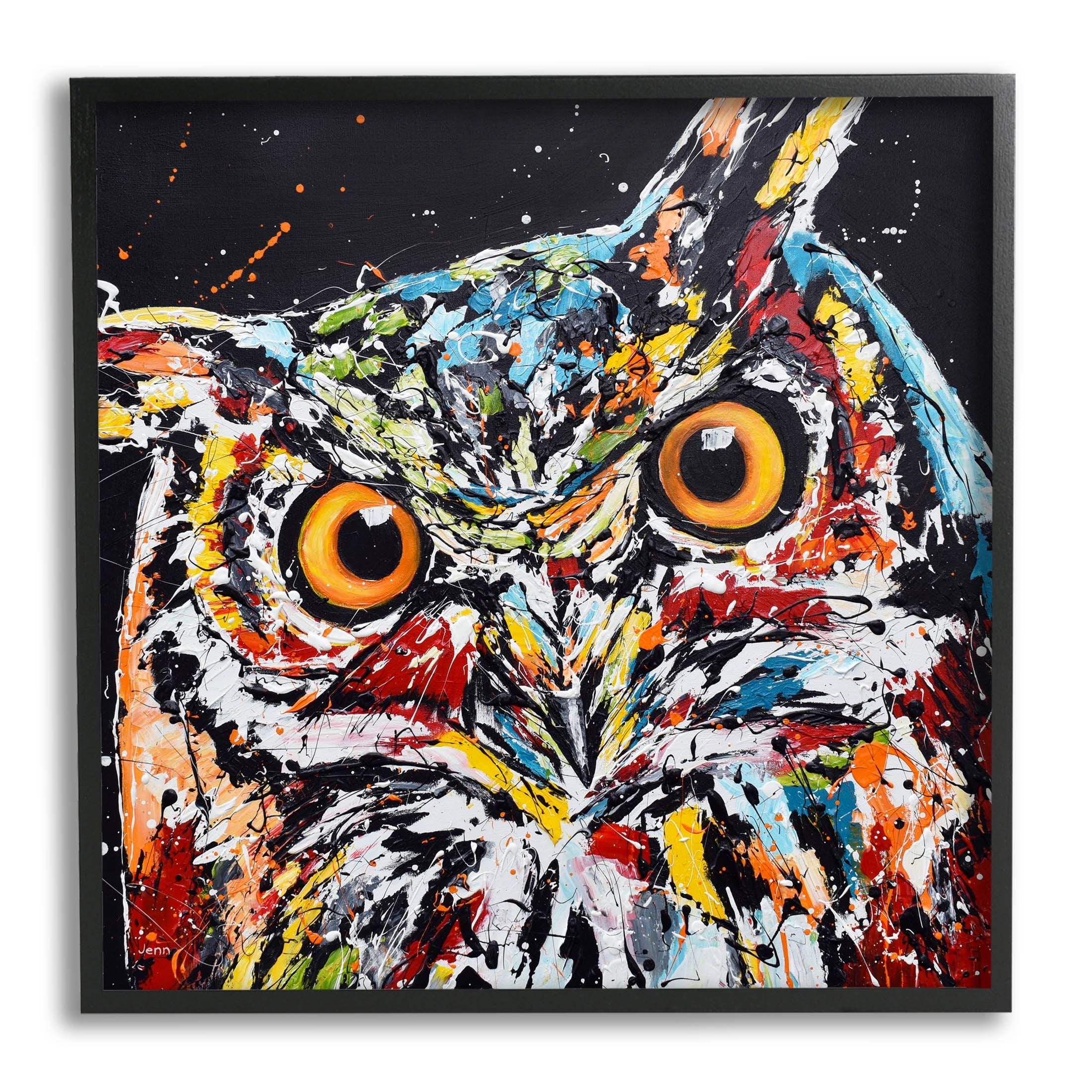 Street Style Horned Owl Splatter Animals & Insects Painting Black Framed Art Print Wall Art