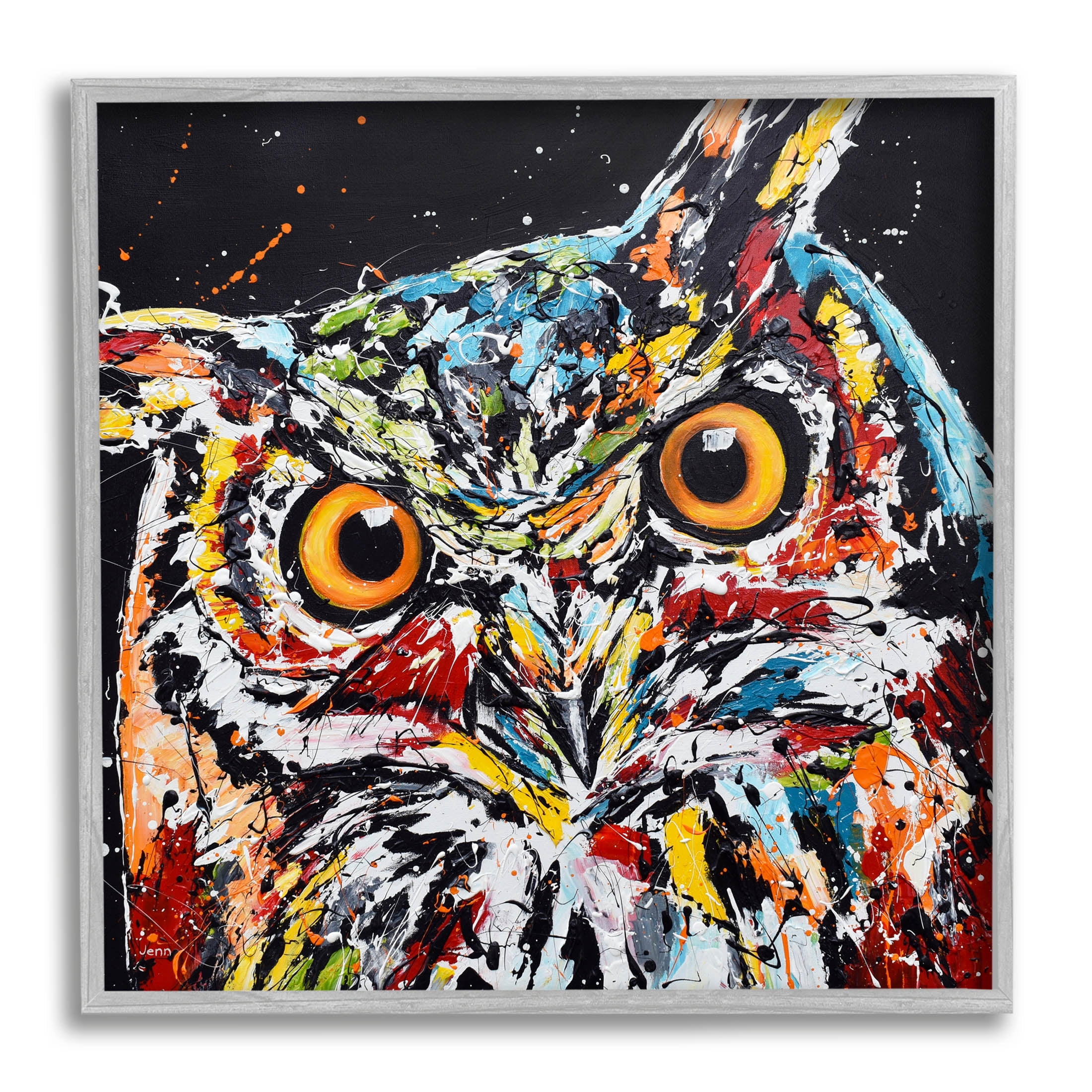Street Style Horned Owl Splatter Animals & Insects Painting Gray Framed Art Print Wall Art
