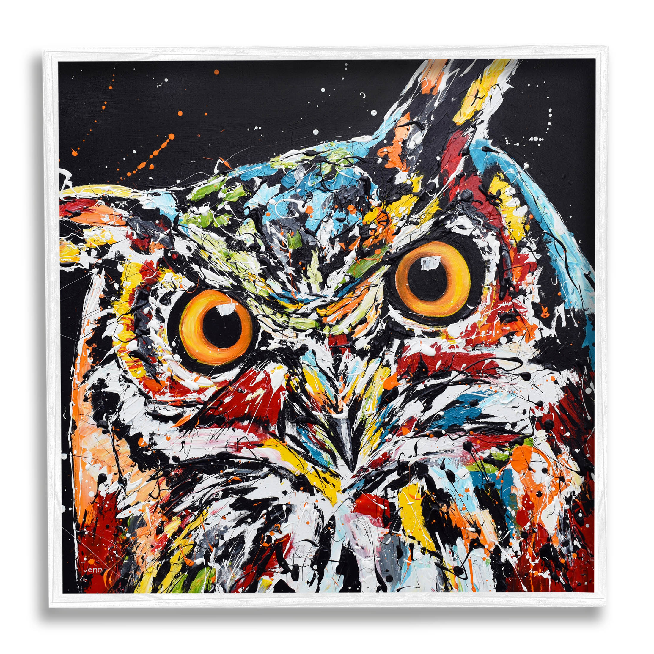 Street Style Horned Owl Splatter Animals & Insects Painting White Framed Art Print Wall Art