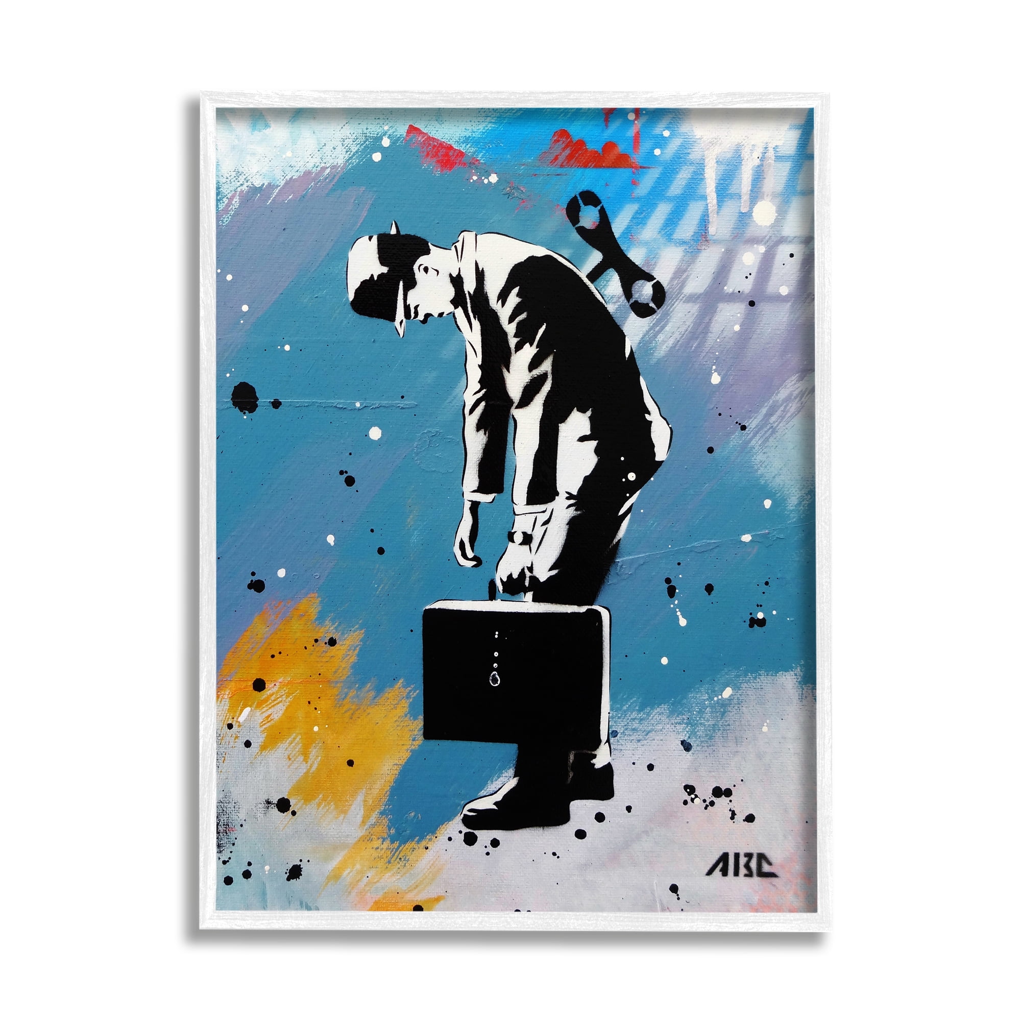 Street Style Wind Up Toy Businessman Modern Splatter Abstract Painting Framed Art Print Wall Art