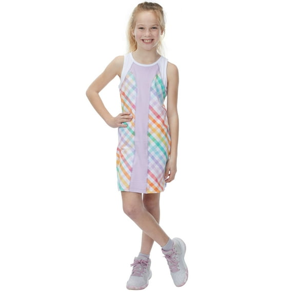 Street Tennis Club Girl Tennis Outfit – Sleeveless Tennis Dress with Shorts in Rainbow Gingham Pattern - Size XL/12
