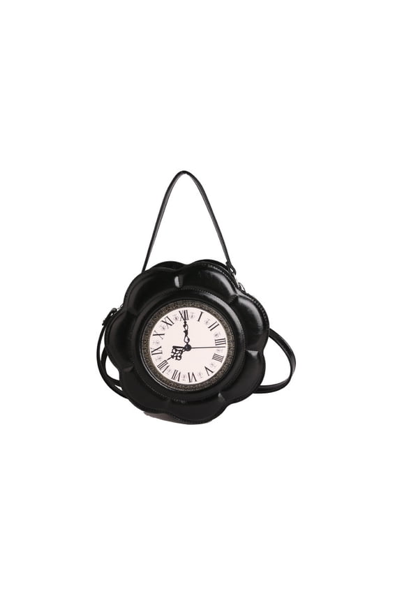 Street Trend PU Clock Bag for Women, Flower & Clock Pattern Design, Fashion Novelty Irregular Round Bag, Zipper Closure, Shoulder Crossbody Handbag for Daily Streetwear (8.7x3.5x8.7 inch, 0.79 lb)