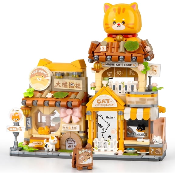 Street View Mini City Shop Building Set, Cute Animals Cat Building Toys Creative Architecture Set, Ideas Gifts for Adults Teens 14+ (917PCS)