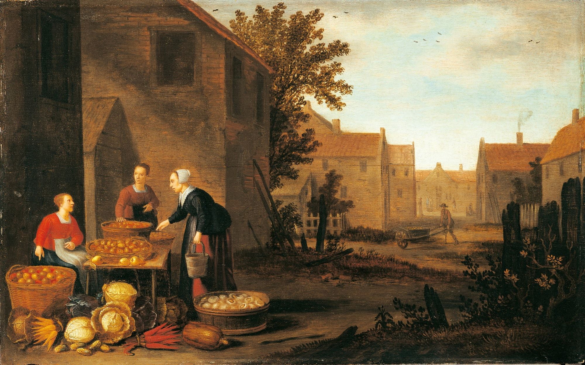 Street View With Woman Selling Fruit And Vegetables Canvas Art -  (36 x 24)