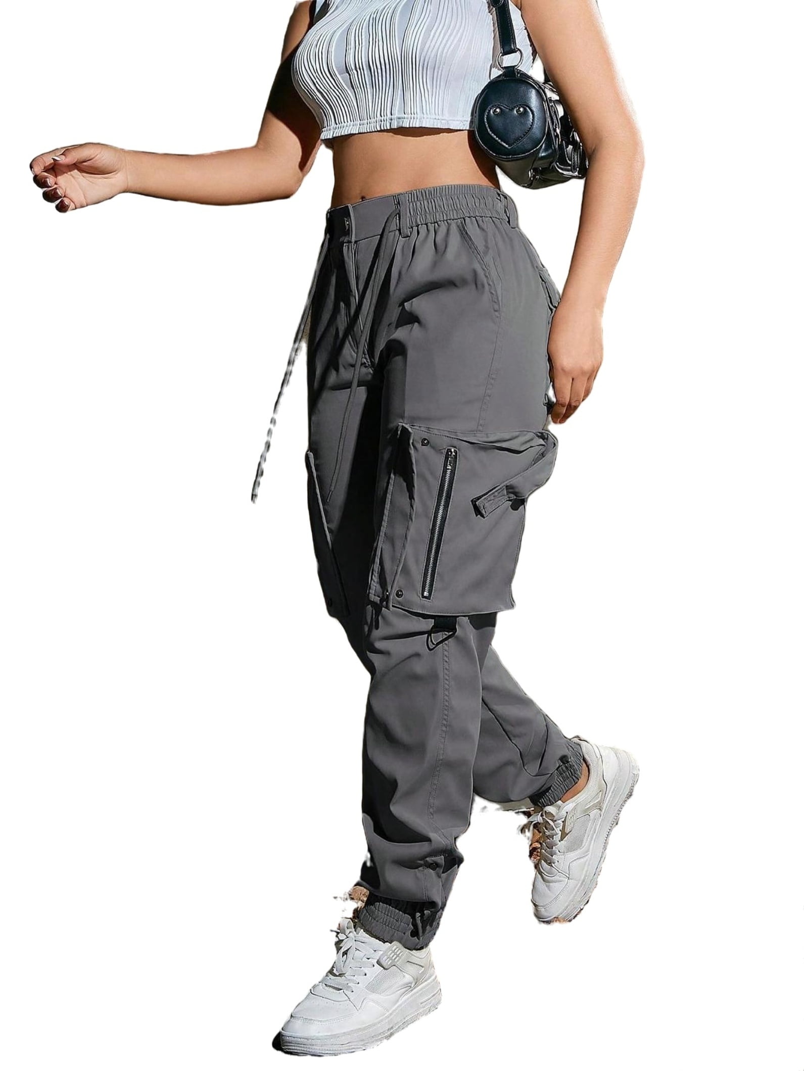 Elastic Waist Drawstring Flap Pocket Zipper Detail Metal