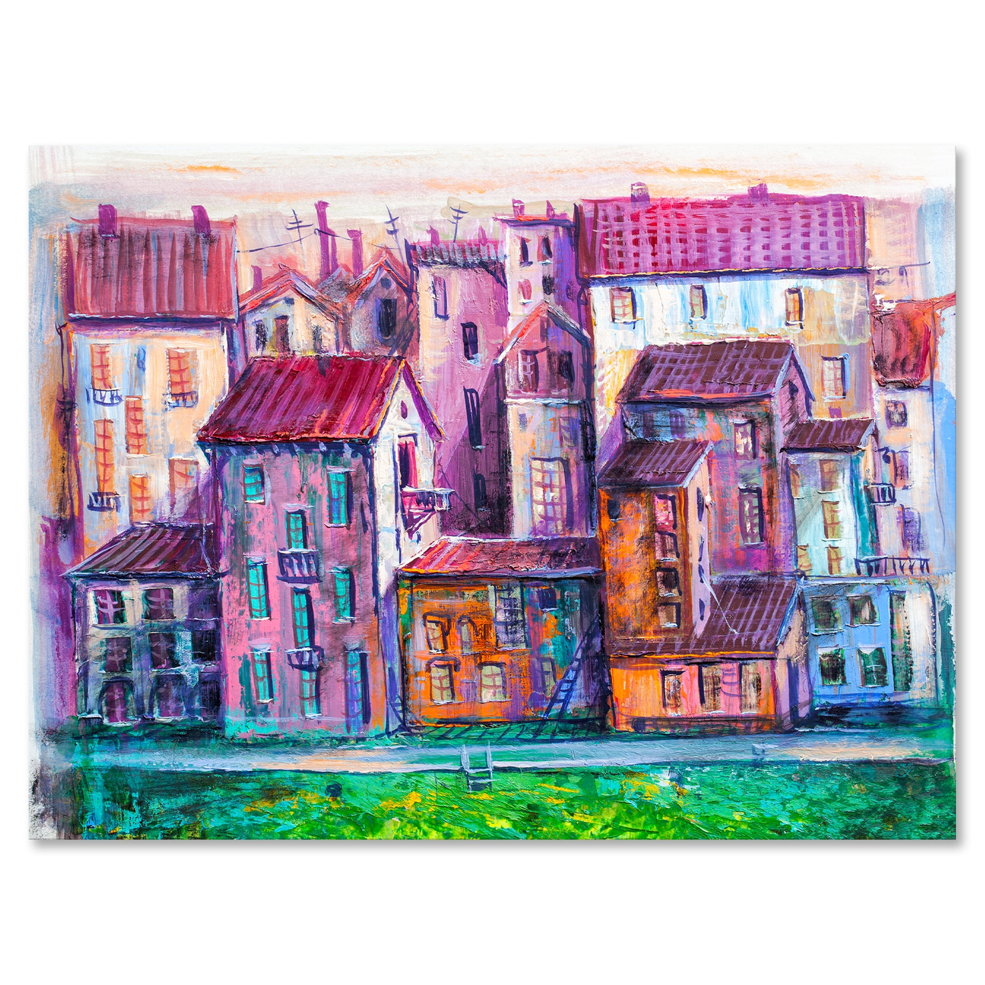 Street With Colorful Old Homes Landscape 32 in x 24 in Painting Canvas Art Print, by Designart