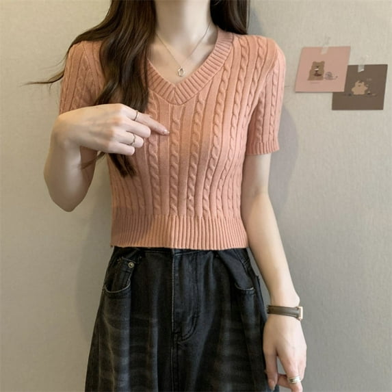 Street Women Temperament Popular Thin Top Fashion Korean T-shirt V-neck Top Short Top Crop Top PINK