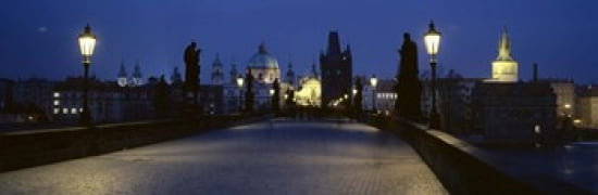 Street light on a bridge Charles Bridge Prague Czech Republic Canvas Art - Panoramic Images (36 x 12)