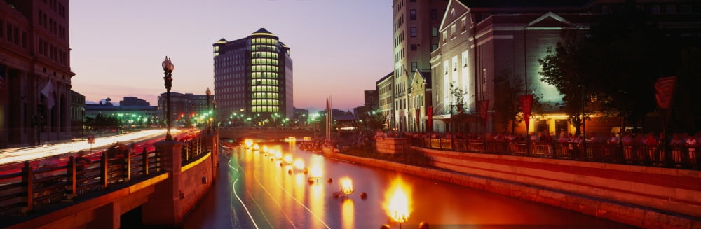 Street lights illuminated on the road Waterplace Park Providence Rhode Island USA Canvas Art - Panoramic Images (36 x 12)